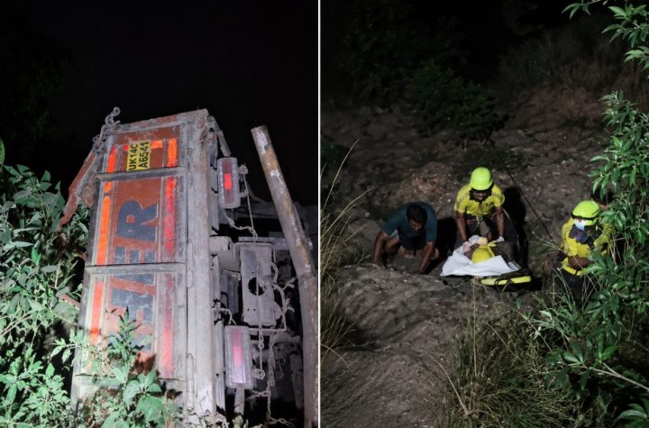 अनियंत्रित होकर गहरी खाई में गिरा ट्रक, SDRF ने घायल चालक को निकाला सुरक्षित