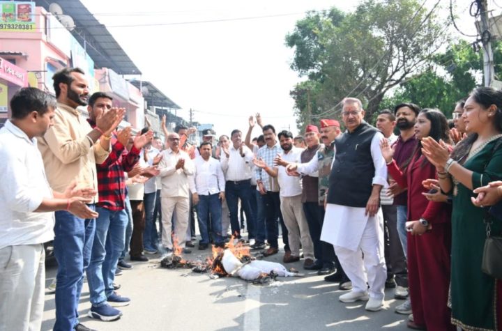 राहुल गांधी की बयानबाजी के विरोध में भाजपा का प्रदर्शन, फूंका पुतला